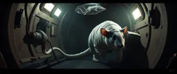2️⃣ Boarding the Rocket "Giant mummy rat sneaks into a spaceship cargo hold, bandages trailing, alert eyes, cautious posture. Floating tools and soft industrial lights cast long shadows. A stasis pod containing another giant rat glows faintly above. Strong Rembrandt-style contrast, realistic textures, tense and stealthy mood."