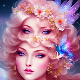 bright fairy, beautiful portrait, flowery landscape