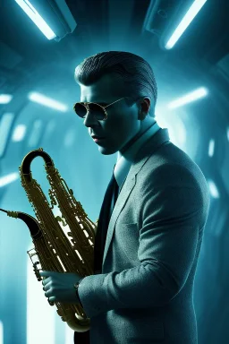 saxophone player, caucasian man, big hair, film noir setting, blade runner, volumetric lighting, particals, intricate detail,realistc, close up