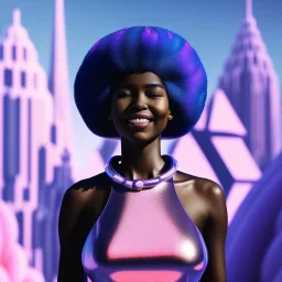 Ultra realistic photo. volumetric lighting , scientist. Young black woman, dark skin black woman. young, big smile. Joy. smiling. Afro futurism. Afro puffs. Blue hair. Ombré hair Cotton candy. Futuristic cities in background. Space. Space travel. Silver. Cities