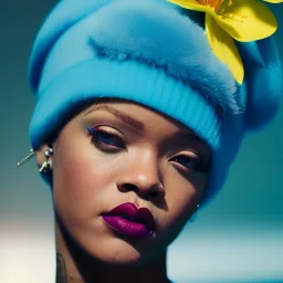 Rihanna as smurf with yellow flowers for hair, closed eyes, rtx, reflection, 8k, glow, winning photography, caustics