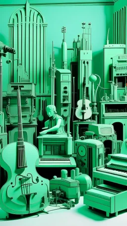 A mint color metropolis made out of instruments instruments painted by Andy Warhol