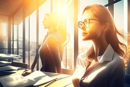 Beautiful problem solving woman in a modern office in sunshine