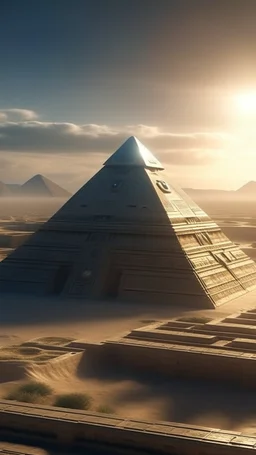 A triangle shape ufo spacecraft hovering over the Permits of Egypt in high definition cinematic theme