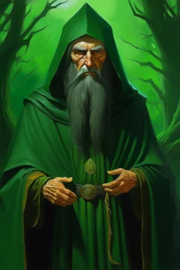 1970's dark fantasy cover dnd style oil painting of an old herbalist rasputin like hero in a green cloack with sport outfits with minimalist far perspective. Magazine.