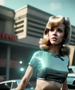 Ultra Realistic retro sci-fi movie Supermarket parking scene, 1960 year, waist up view portrait, a giant blonde woman, sweet teenager Jane Fonda face, perfect iris, glow eyes, face makeup, tight latex coat, many people, Retro sci-fi style, soft color, highly detailed, unreal engine 5, ray tracing, RTX, lumen lighting, ultra detail, volumetric lighting, 3d, finely drawn, high definition, high resolution.