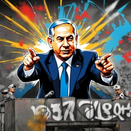 Dibujo de Benjamin Netanyahu como un dictador arrojando bombas, cuerpo completo, arte grafiti, calidad ultra, 8k