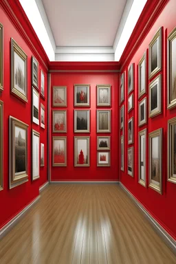 Realistic pictures, as if they were taken professionally, a frame without a picture, wrapped in a bright red cloth, in a hall containing many frames without pictures.