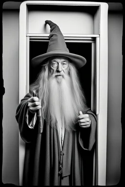 Gandalf taking serie of BW photos inside photo booth.