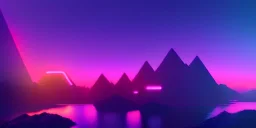 3d rendering. Abstract futuristic neon background. Fantastic landscape with glowing geometric triangular frame and mountains