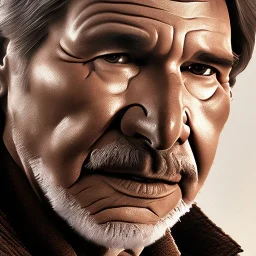 stunning photo realistic head to waist portrait of harrison ford as han solo in star wars with photo realistic short hair by alice zhang,Sam Spratt, Yi Fan, Houston Sharp, Matija Obrovac, Sharp focus, brown eyes, realistically and naturally weathered real skin,space jacket from star wars, intricate