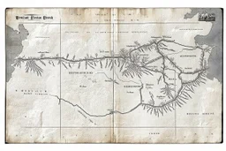 a scan of an ancient North American Cree printed road map of a fictional place that was black and white but has since been stained and weathered, uses Cree Syllabic for text