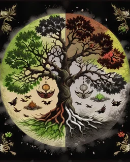 The tree of life consists of four seasons: spring, summer, autumn, winter, along with light and darkness, star, moon, sun, yang-ying, water, wind, soil, fire, love