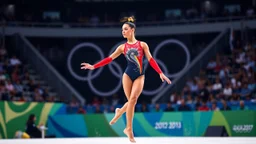 Please provide a detailed Photo of a female gymnast performing her routine on the floor exercise at the Olympic Games. Include specific elements of her performance, such as her choreography, the difficulty of her moves, her artistry, and how she engages the audience. Additionally, describe the atmosphere of the event, the reactions of the crowd, and any notable aspects of her presentation. The output should be structured in a way that captures the excitement and technical skill of the performanc