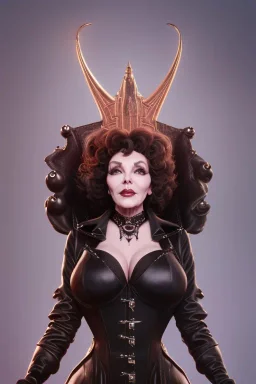 Joan Collins as evil queen in black leather, leather, busty, cleavage, angry, stern look. character design by cory loftis, fenghua zhong, ryohei hase, ismail inceoglu and ruan jia. unreal engine 5, artistic lighting, highly detailed, photorealistic, fantasy