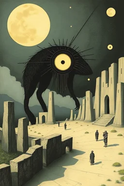 An surreal stunning image by Margaret Macdonald Mackintosh , El Kazovszkij, Abigail Penner, Quentin Blake creature from another world, landscape, ancient ruins, moons, lines, and objects, dreamlike, fantasy