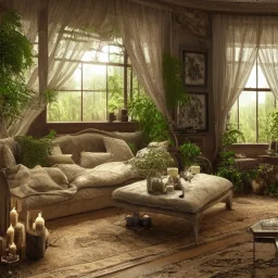 a gorgeous, stunning room with large window and mystical forest view, decorative pillows on rustic wood floor, candles, gauzy curtains, plants, tranquil, 8k resolution, high-quality, fine-detail, digital art, detailed matte, volumetric lighting, illustration, 3D octane render, brian froud, howard lyon, selina french, annie stokes, lisa parker, greg rutowski,