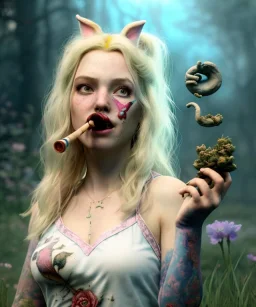 Ultra realistic wonderland photo, happy blonde woman smoking a pipe, blue dress, white rabbit pet, circus dress style, old school tattoo, smoke, marijuana garden, glow eyes, perfect iris, soft color, highly detailed, unreal engine 5, ray tracing, RTX, lumen lighting, ultra detail, volumetric lighting, high definition.