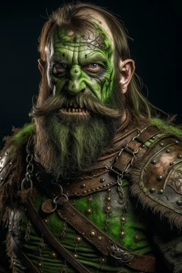 a green zombie with a beard and scars, in medieval armour