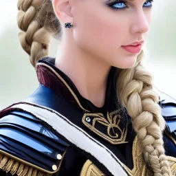 beautiful young queen with white armor, delicate white braided hair with ponytail, glass eyes, highly detailed, 8k, ambient light, taylor swift