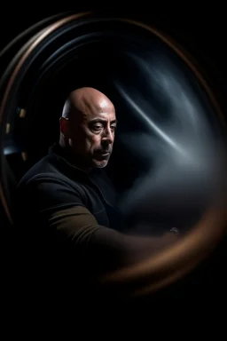 Joe Rogan experiencing mach 5 in small space pod going through future portal, motion blur, smoke, 8k, downlight, soft light, depth of field, photorealism, trending on art station, lotsa detail