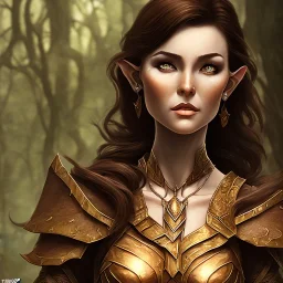 dungeons and dragons, female wood elf, druid, brown hair, brown eyes, full body, realistic face, short hair, hair tied back, large nose, closed mouth, nature armor, face scars, tan skin