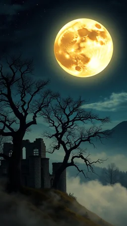 Visualize a breathtaking scene where a magnificent, glowing full moon dominates the night sky, its luminescence casting a warm, vintage glow over the landscape. The moon's surface is intricately detailed, showcasing craters and valleys that tell a story of celestial beauty. Below, an old castle ruins, gnarled trees stands in stark contrast to the moonlight, their twisted branches reaching out like shadows against the soft illumination. The ground is carpeted with a layer of mist that swirl
