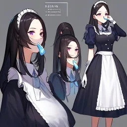 High quality, Detailed, Black long hair, Purple eyes, mouth open, blushing, maid clothes, concept art, clothes kinda reavling