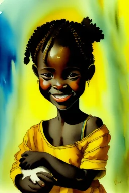 A cute smiling african girl is holding a kitten. Watercolour