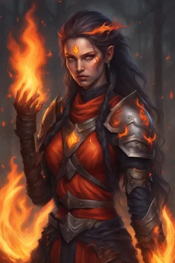 Capture the essence of a blazing twilight in a secluded woodland where a fierce female Paladin Druid, with long fiery hair and eyes reflecting the intensity of her power. With outstretched hands ablaze, she conjures vibrant flames, her scarred face telling a tale of battles fought, all against the backdrop of her dark, mystical skin.