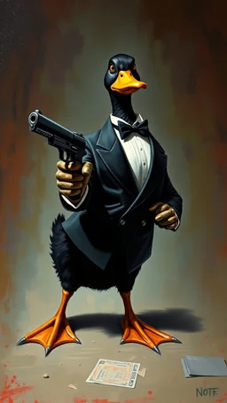 Bosh painting style nightmare, a black duck wearing a Tuxedo and holding a gun like 007 ,