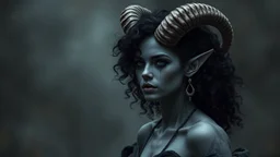 Grey skinned tiefling woman black curly hair goat horns