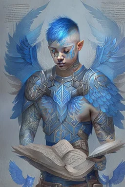 a person in runic armor with blue wings, blue short hair, runic tattoo and spell book