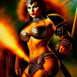 portrait oil on canvas, beautiful punk busty female Barbarian Warrior,green eyes, ,minimal armor,comic book cover, mystical colors,insanely detailed,realistic,intrincate detail, 16k resolution, masterpiece,Frank Frazetta,Alex Horley, Simon Bisley