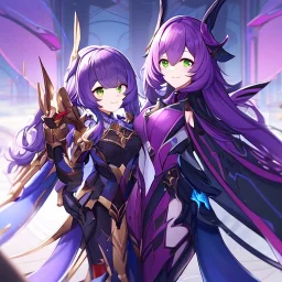 Clear focus,High resolution,High quality, Smiling, Purple long fluffy hair, Green eyes, Wearing a pink mech uniform, Honkai Impact Star Rail