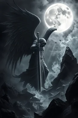 surreal dreamlike scene, stunning warrior fallen angel with sword, mystic gloomy, surreal dark shadows and pale light, stones, rocks, dark vibe, come strom , dark colors, , moon with black darkness, fog, detailed, spalh art, black and white art