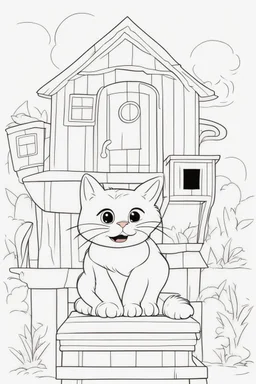 blank colouring book, white blank background, simple picture for toddlers, cat house with no cat inside, disney and pixar style