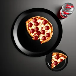 pizza on plate, coca cola glass, black background