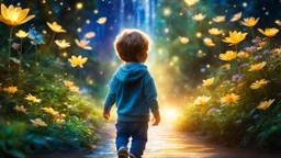 Un beau petit garçon erre dans son monde imaginaire enchanté, Parmi les merveilles, qu'il adore explorer. Nuit enchantée, plantes magiques, fontaines de lumière, lucioles dansantes, fées lumineuses. Ses rêves sont vastes, pleins de beauté, Chaque instant est un nouveau bonheur. Dans son univers, tout est merveilleux, Un monde imaginaire, tendre et lumineux. Bel éclairage, composition attrayante, photoréaliste, extrêmement détaillée, clair-obscur, règle des tiers