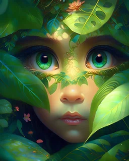 gros plan du visage d'une créature mystique féminine. Elle se cache derrière la végétation d'une forêt luxuriante d'une autre planète. Elle a de grands yeux. Elle a des pupilles uniques et très colorées. Elle porte des ornements et des peintures sur son visage. Quelques rayons de soleil passent à travers le feuillage dense de la forêt pour éclairer son doux visage. Elle est paisible et innocente.