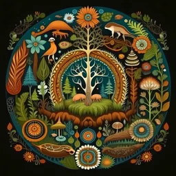 realistic image like a photo of bright mandala with forest, muschrooms, roots, trees, ferns, animals