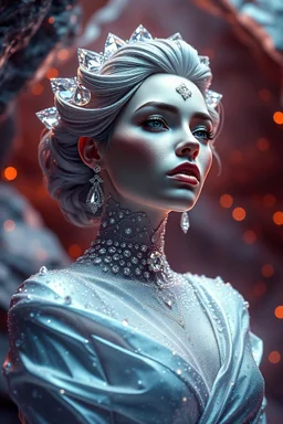 Gorgeous woman created from diamond, silk, diamonds, gems, sparkling dots, in crystal cave background, style Darek Zabrocki, magic realism, gradient colors, cinematic lighting, bokeh, Ultra-detailed Quality 3D, 3d render octane, Unreal engine 5 effects, VFX, Isometric, Made in blender, 8k sharp focus, cinematic, ultrahd, highly detailed, ultra photorealism fantasy