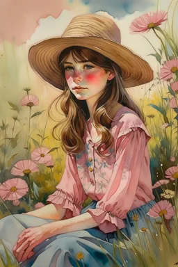 P: a young old-time cowgirl sitting in wildflowers and tall grasses, peaceful vision, wisps of hair around her face, straw hat, pink floral dress, muted colors, soft watercolor