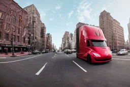 A Tesla 'Semi' (semi truck) is going at a high speed, near the Flatiron Building in Manhattan. (CINEMATIC, WIDE ANGLE LENS, PHOTO REAL)