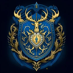 A regal coat of arms for an Eladrin knight on a noble quest. The crest features a noble stag with majestic antlers, symbolizing strength and nobility. Behind the stag, a shimmering crescent moon rises against a backdrop of deep blue, representing the knight's connection to the mystical realms
