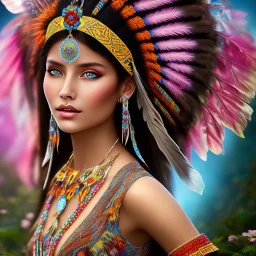 bright native american fairy, beautiful portrait, flowery landscape