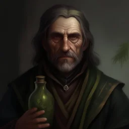 dnd style dark fantasy medieval herbalist. mugshot. oil painting.