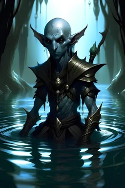 elffe noir de dnd qui est un sorcier mystérieux et lugubre qui viens des profondeur marine. au fond d'un lac sou la surfasse.