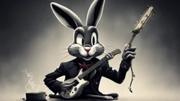 dark melancholic Bugs bunny deppressed doing music rock and roll dark heavy metal on a scene alcoholic, ciggaretes