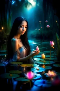 Beautiful princess Indonesia young lady touching a reflection of their in pretty, lotus pond, outer space glowing forest background, dark long wavy hair, cheerful fantasy, intricate details, hyper detailed